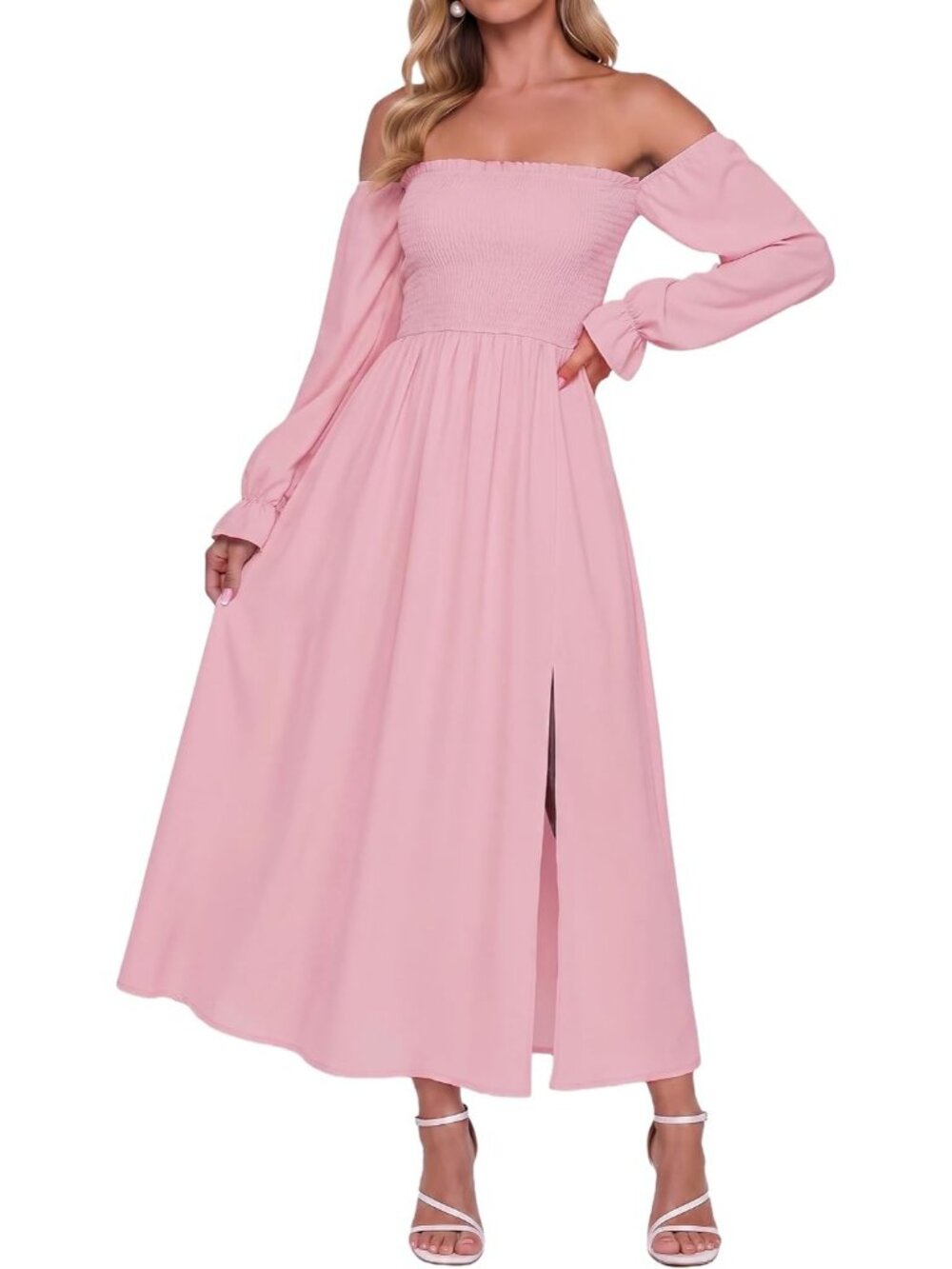 Women's Pink Off Shoulder Long Sleeve Boho Flowy Wedding Guest Maxi Dresses